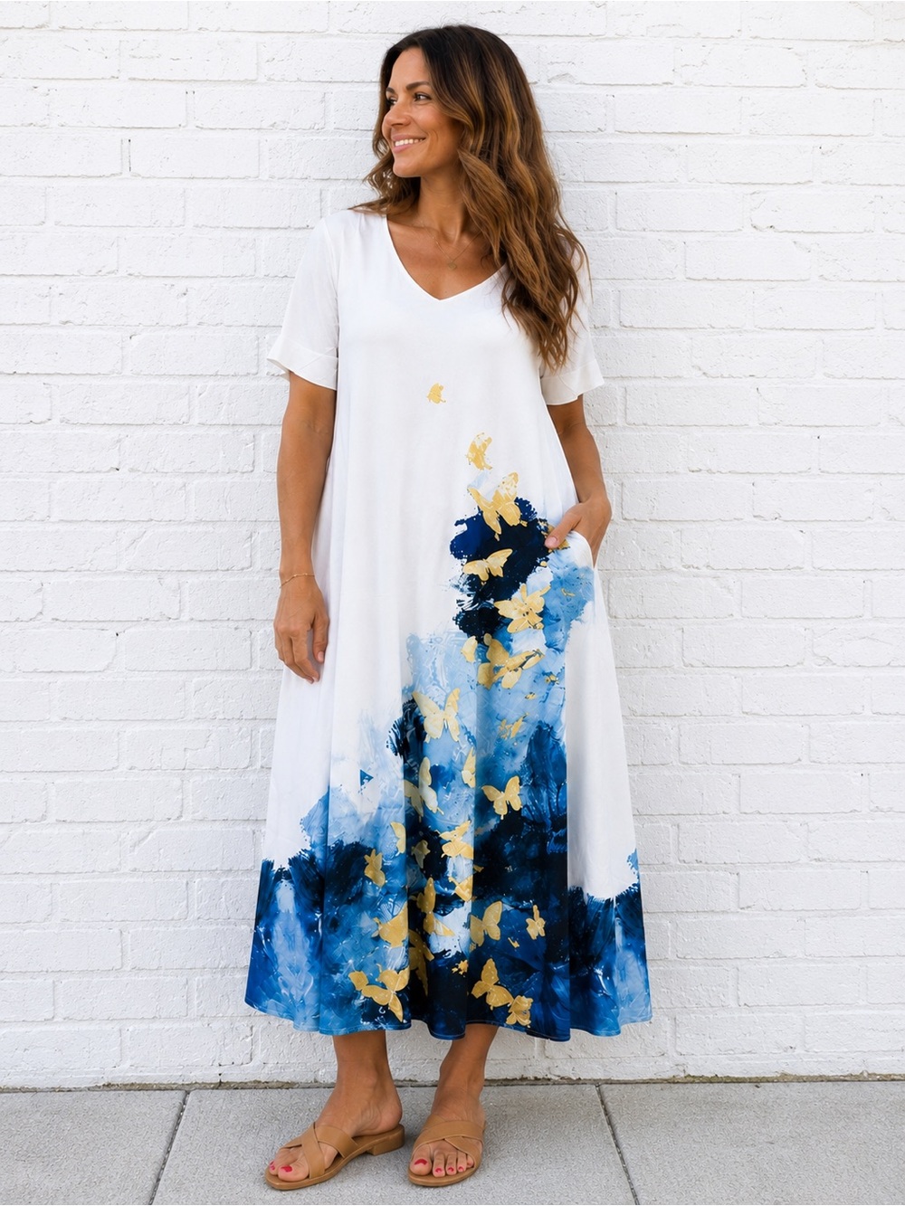 NWT made with love Butterfly Print Maxi Dress Blue Abstract Art A-Line Large